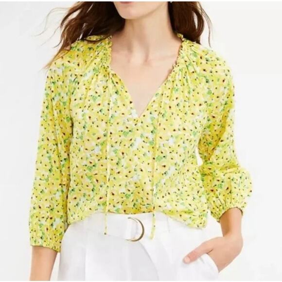 NWOT Loft Yellow Floral Cotton Peasant top Women's size Medium Petite - Picture 1 of 9